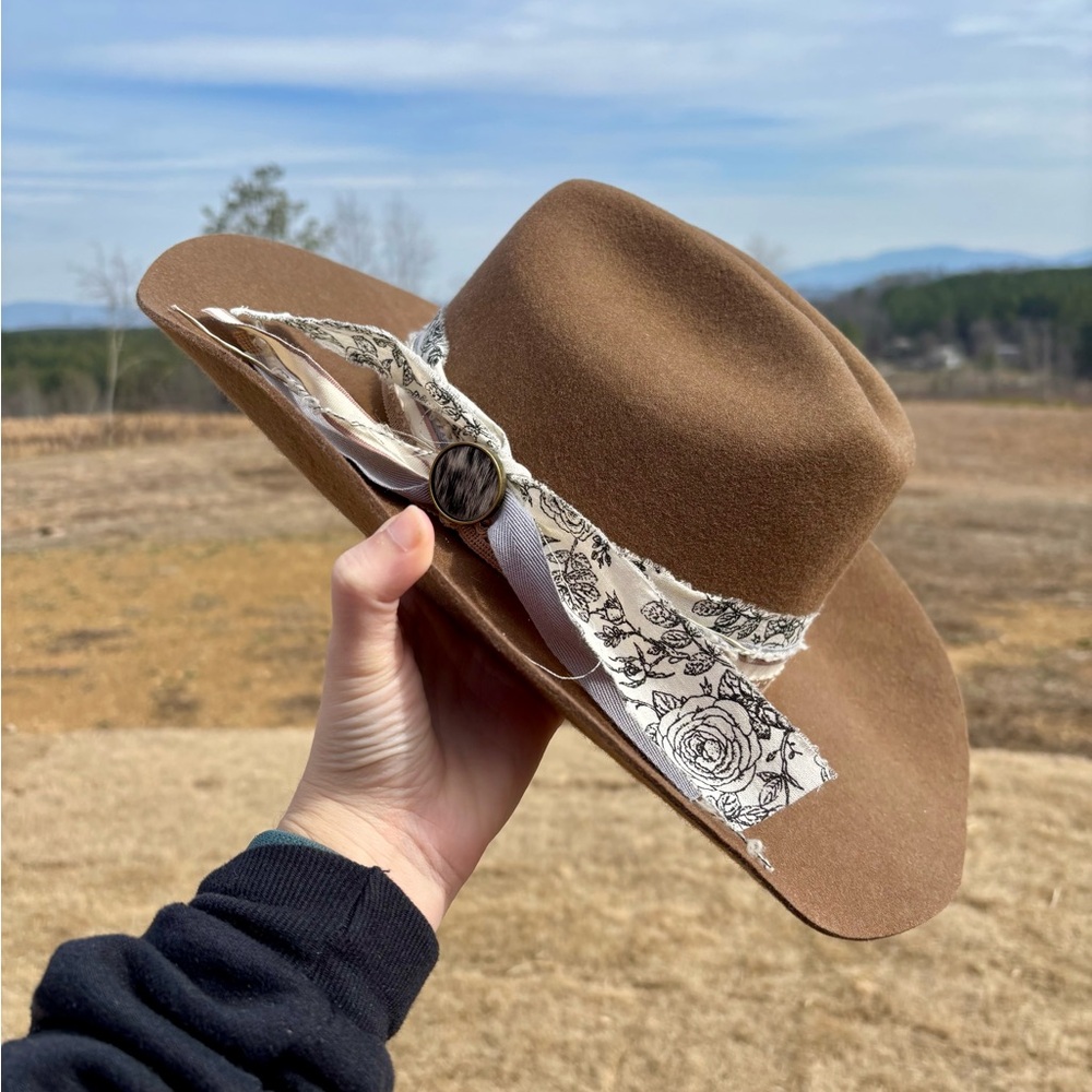 Brown Felt Hat with Patterned Band